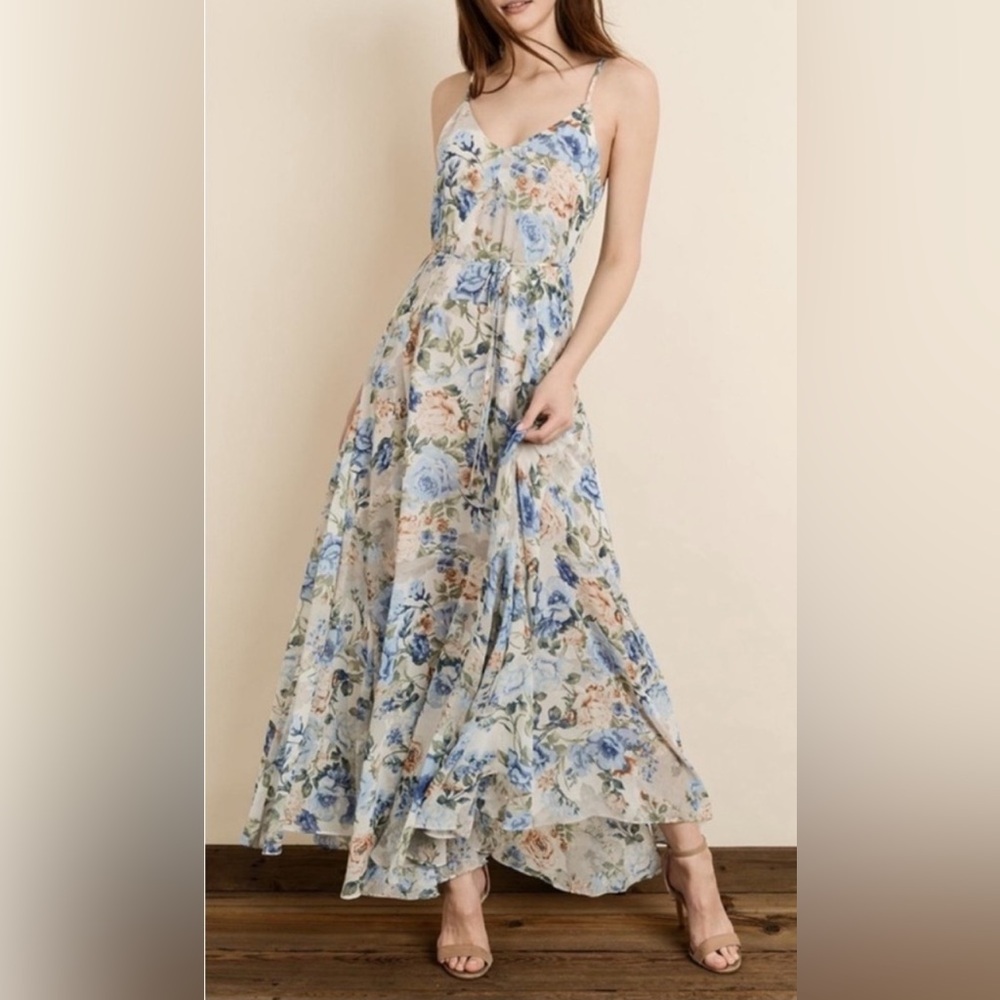 Dress Forum Maxi Dress Spaghetti Straps Slits Keyhole Blue Floral Fairy Medium